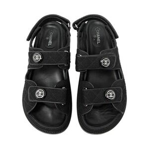 Chanel‎ Quilted Fabric Logo Velcro Flat Sandals Size 40